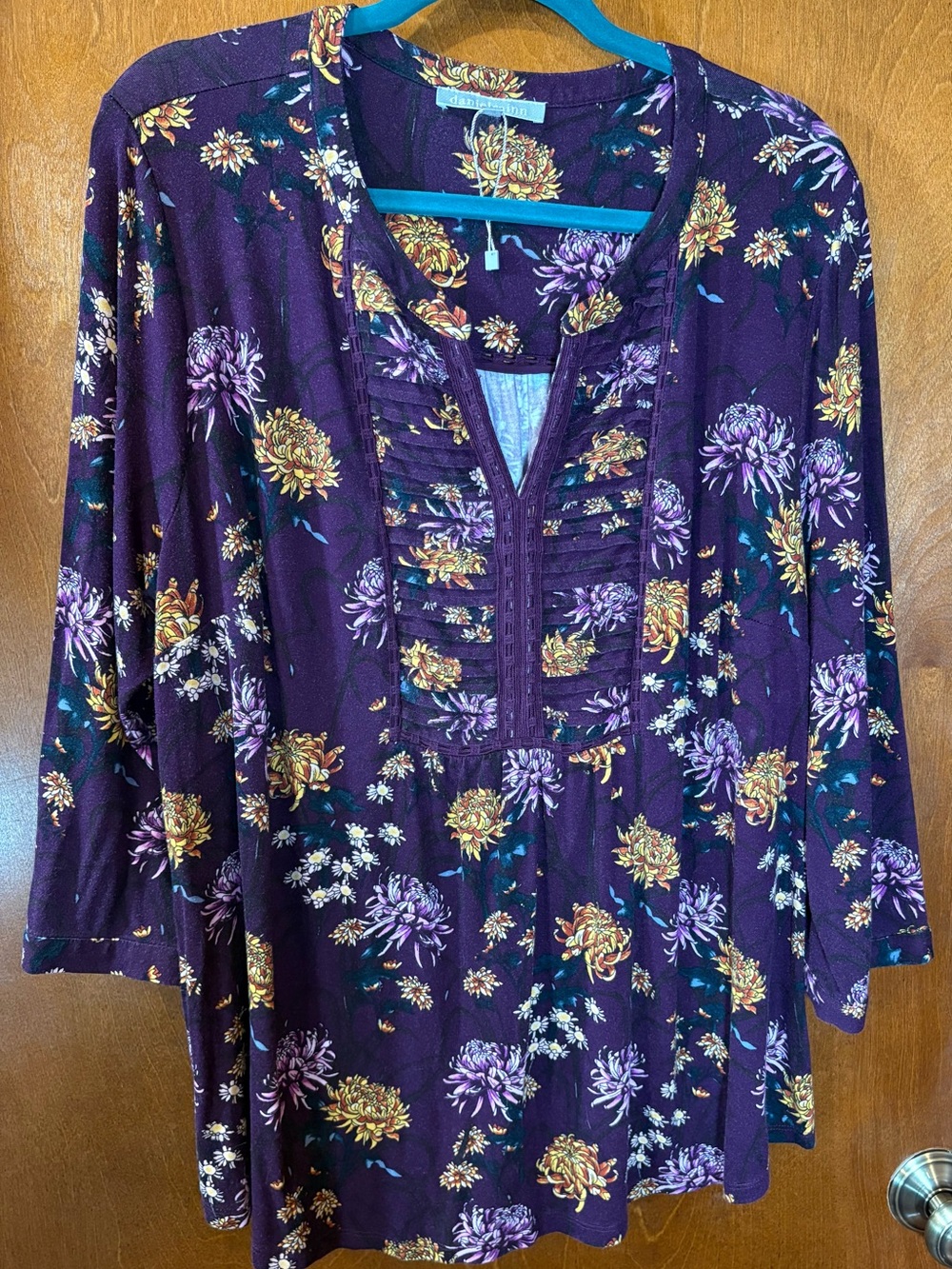 Daniel Rainn Plum Floral Pintuck Peasant Tunic